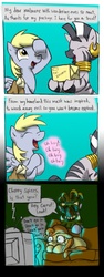 Size: 451x1200 | Tagged: safe, artist:elosande, carrot top, derpy hooves, golden harvest, zecora, earth pony, pegasus, pony, zebra, g4, comic, couch, female, letter, mare, mask, package, scared, television