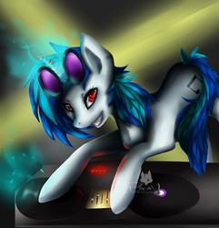 Size: 1251x1296 | Tagged: safe, artist:phyllah, dj pon-3, vinyl scratch, pony, unicorn, g4, female, grin, looking at you, mare, red eyes, smiling, solo, turntable, wrong eye color
