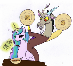 Size: 700x633 | Tagged: safe, artist:koeks-bienchen, discord, princess celestia, alicorn, draconequus, pony, g4, breakfast, cymbals, discord being discord, duo, female, food, incoming prank, male, mare, milk, morning ponies, musical instrument, pinklestia, prank, sleepy, this will end in pain, this will end in petrification, this will end in tears and/or a journey to the moon, this will end in tears and/or breakfast