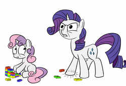 Size: 1000x682 | Tagged: safe, artist:elslowmo, rarity, sweetie belle, pony, unicorn, g4, duo, duo female, female, filly, lego, mare, ouch, simple background, stepping on a lego, white background