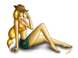 Size: 1400x1050 | Tagged: safe, artist:magy-san, applejack, human, g4, barefoot, cleavage, feet, female, humanized, midriff, sitting, skinny, solo, thin