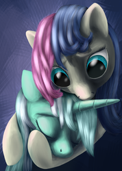 Size: 743x1041 | Tagged: safe, artist:arrkhal, bon bon, lyra heartstrings, sweetie drops, earth pony, pony, unicorn, g4, abstract background, duo, duo female, female, hug, mare