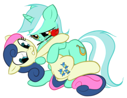 Size: 1442x1117 | Tagged: dead source, safe, artist:elslowmo, artist:javkiller, bon bon, lyra heartstrings, sweetie drops, earth pony, pony, unicorn, g4, dancing, duo, female, flower, flower in mouth, grin, lesbian, mare, mouth hold, rose, ship:lyrabon, shipping, simple background, tango, transparent background