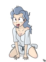 Size: 768x1024 | Tagged: safe, artist:frankier77, screw loose, human, g4, behaving like a dog, breasts, busty screw loose, cleavage, clothes, cross-eyed, derp, female, humanized, kneeling, simple background, socks, solo, tongue out, white background