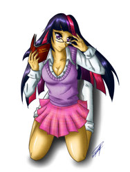 Size: 1050x1400 | Tagged: safe, artist:magy-san, twilight sparkle, human, g4, book, cleavage, clothes, female, glasses, humanized, kneeling, skirt, socks, solo