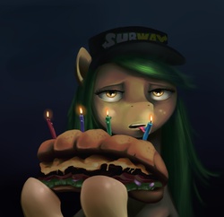 Size: 1231x1192 | Tagged: safe, artist:gsphere, oc, oc only, earth pony, pony, candle, earth pony oc, female, food, hat, mare, sandwich, solo, submarine sandwich, subway (restaurant)