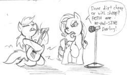 Size: 800x469 | Tagged: safe, artist:elosande, rainbow dash, rarity, pegasus, pony, unicorn, g4, disapproval, duo, duo female, female, guitar, kneeling, mare, microphone, monochrome, musical instrument, rarity is not amused, rock (music), unamused, uncouth