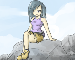Size: 1500x1200 | Tagged: safe, artist:speccysy, limestone pie, human, g4, 2010s, 2012, belt, black hair, clothes, crossed legs, day, denim shorts, female, humanized, lidded eyes, looking at you, rock, shoes, shorts, sitting, smiling, sneakers, socks, solo, sunny day, tank top, tomboy, torn clothes
