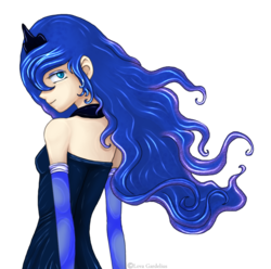 Size: 1098x1089 | Tagged: dead source, safe, artist:lova-gardelius, princess luna, human, g4, clothes, female, gloves, humanized, long gloves, looking back, rear view, simple background, solo, transparent background