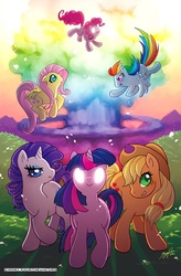 Size: 450x685 | Tagged: safe, artist:zimmay, applejack, fluttershy, pinkie pie, rainbow dash, rarity, twilight sparkle, earth pony, pegasus, pony, unicorn, g4, atomic rainboom, female, glowing eyes, mane six, mare, mushroom cloud, twilight sparkle glowing eyes