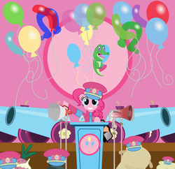 Size: 7245x7015 | Tagged: safe, artist:mostbodacious, gummy, madame leflour, mr. turnip, pinkie pie, rocky, sir lintsalot, earth pony, pony, g4, absurd resolution, balloon, clothes, cupcake, dictator, female, food, hat, implied cupcakes, implied rainbow dash, mare, megaphone, party cannon, uniform