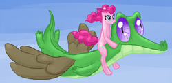 Size: 1200x584 | Tagged: safe, artist:arrkhal, gummy, pinkie pie, earth pony, pony, g4, allpet, duo, female, flying, mare, pinkie pie riding gummy, ponies riding gators, riding, surreal, windswept mane