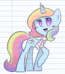Size: 773x879 | Tagged: safe, artist:lillynya, rainbow dash, rainbow dash (g3), pony, unicorn, g3, g4, clothes, female, lined paper, mare, no pupils, scarf, solo