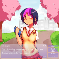 Size: 1080x1080 | Tagged: safe, artist:derpiihooves, twilight sparkle, human, g4, anime, blushing, cherry blossoms, clothes, exit, female, flower, flower blossom, high school, humanized, load, menu, mockup, save, schoolgirl, short hair, short hair twilight sparkle, skip, skirt, solo, stars, starswirl academy, tai saito, tsundere, tsunlight sparkle, visual novel