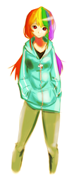 Size: 1490x3544 | Tagged: safe, artist:derpiihooves, rainbow dash, human, g4, clothes, female, humanized, jacket, looking at you, simple background, solo, white background