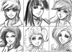 Size: 1000x727 | Tagged: safe, artist:johnjoseco, applejack, fluttershy, pinkie pie, rainbow dash, rarity, twilight sparkle, human, g4, female, grayscale, humanized, mane six, monochrome