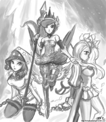 Size: 1280x1477 | Tagged: safe, artist:johnjoseco, fluttershy, princess luna, rarity, human, g4, chains, clothes, crossover, female, grayscale, humanized, kneeling, monochrome, odin sphere, skirt