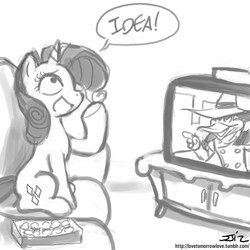 Size: 850x850 | Tagged: safe, artist:johnjoseco, rarity, pony, unicorn, g4, darkwing duck, female, grayscale, idea, mare, monochrome, origin story, sitting, solo, television