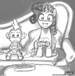 Size: 837x850 | Tagged: safe, artist:johnjoseco, rarity, spike, dragon, pony, unicorn, g4, controller, fainting couch, female, grayscale, male, mare, monochrome, playing video games, rarigamer, ship:sparity, shipping, sitting, straight, unicorn master race, video game