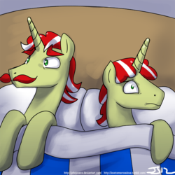 Size: 900x900 | Tagged: safe, artist:johnjoseco, flam, flim, pony, unicorn, g4, bed, duo, duo male, implied incest, male, morning ponies, now you fucked up, pillow, stallion
