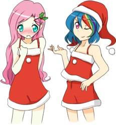 Size: 853x922 | Tagged: safe, artist:applestems, fluttershy, rainbow dash, human, g4, blushing, christmas, clothes, dress, duo, duo female, female, hat, holiday, holly, humanized, santa hat, simple background, skirt, transparent background