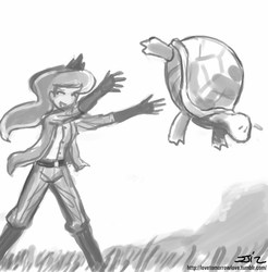 Size: 837x850 | Tagged: safe, artist:johnjoseco, princess luna, human, turtle, g4, female, grayscale, humanized, monochrome, throwing