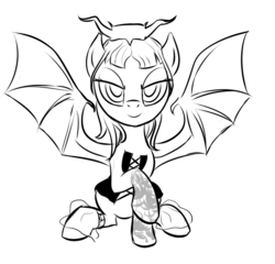 Size: 706x678 | Tagged: safe, artist:rubrony, pony, succubus, bat wings, castlevania, clothes, corset, looking at you, monochrome, ponified, raised hoof, solo