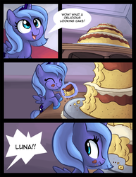 Size: 1275x1650 | Tagged: safe, artist:ric-m, princess luna, alicorn, pony, g4, cake, comic, crumbs, cute, cuteness overload, eating, female, filly, filly luna, foal, hnnng, lunabetes, solo, weapons-grade cute, woona, younger