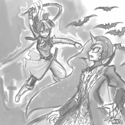 Size: 700x700 | Tagged: safe, artist:johnjoseco, nightmare moon, twilight sparkle, bat, human, g4, castlevania, castlevania: rondo of blood, crossover, dracula, female, grayscale, humanized, monochrome, richter belmont, this is gonna hurt, this will end in death, this will end in pain