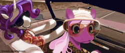 Size: 1014x432 | Tagged: safe, artist:hinoraito, cheerilee, rarity, earth pony, pony, unicorn, g4, car, crossover, driving, duo, duo female, fear and loathing in las vegas, female, mare, sunglasses