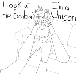 Size: 1552x1498 | Tagged: safe, artist:ac-drawings, artist:mousathe14, lyra heartstrings, human, g4, askthemanesix, clothes, costume, couch, fake ears, fake horn, female, humanized, implied bon bon, monochrome, solo
