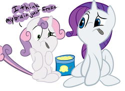 Size: 2338x1700 | Tagged: safe, artist:tess, rarity, sweetie belle, pony, unicorn, g4, brain freeze, duo, duo female, female, filly, ice cream, mare, siblings, simple background, sisters, sitting, white background