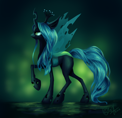 Size: 1233x1199 | Tagged: safe, artist:entadeath, queen chrysalis, changeling, changeling queen, g4, crown, female, jewelry, profile, raised hoof, regalia, solo