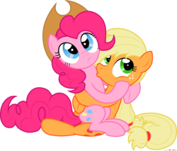 Size: 1390x1184 | Tagged: safe, artist:stupidlittlecreature, applejack, pinkie pie, earth pony, pony, g4, accessory swap, female, hat, hug, interrupted, kissing, lesbian, looking up, mare, ship:applepie, shipping, simple background, sitting, transparent background, vector