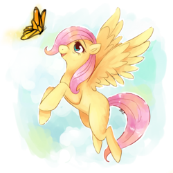 Size: 1000x1000 | Tagged: safe, artist:arinova, fluttershy, butterfly, pegasus, pony, g4, abstract background, female, filly, flying, hair over one eye, simple background, solo, transparent background