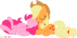 Size: 2126x1047 | Tagged: safe, artist:stupidlittlecreature, applejack, pinkie pie, earth pony, pony, g4, eyes closed, female, lesbian, mare, on back, prone, ship:applepie, shipping, simple background, smiling, transparent background, vector