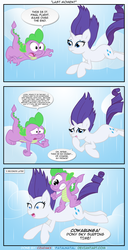 Size: 1250x2434 | Tagged: safe, artist:epulson, rarity, spike, dragon, pony, unicorn, g4, secret of my excess, comic, dialogue, dragons riding ponies, duo, duo male and female, falling, female, male, mare, riding, riding a pony, ship:sparity, shipping, speech bubble, spike riding rarity, straight, surfing, wide eyes