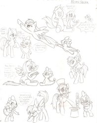 Size: 1700x2172 | Tagged: safe, artist:ramenluver111, rainbow dash, spike, twilight sparkle, dragon, pegasus, pony, unicorn, g4, dragons riding ponies, fake moustache, female, flying, hat, laughing, male, mare, mirror, monochrome, mouth hold, prank, reading, riding, ship:rainbowspike, shipping, sitting, spike riding rainbow dash, straight, top hat, wand