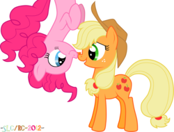 Size: 1725x1312 | Tagged: safe, artist:stupidlittlecreature, applejack, pinkie pie, earth pony, pony, g4, boop, eye contact, female, lesbian, licking, looking at each other, mare, noseboop, ship:applepie, shipping, simple background, smiling, transparent background, upside down, vector