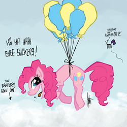 Size: 700x700 | Tagged: safe, artist:theartrix, pinkie pie, twilight sparkle, ant, earth pony, pony, g4, balloon, cloud, cloudy, female, floating, mare, open mouth, rapture, sky, smiling, species swap, then watch her balloons lift her up to the sky, tongue out, wat, wtf