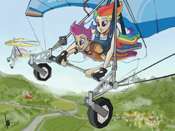 Size: 1000x750 | Tagged: safe, artist:theartrix, fluttershy, rainbow dash, scootaloo, human, g4, female, flying, growing up, hang gliding, humanized, rite of passage, vertigo