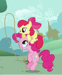 Size: 310x374 | Tagged: safe, screencap, apple bloom, pinkie pie, earth pony, pony, a friend in deed, g4, season 2, adorabloom, animated, apple bloom riding pinkie pie, cute, diapinkes, duo, duo female, female, filly, gif, jump rope, mare, ponies riding ponies, pony hat, riding
