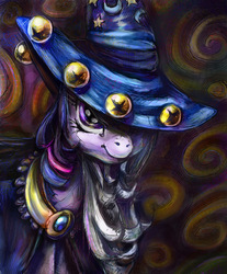 Size: 994x1200 | Tagged: safe, artist:buttercupsaiyan, twilight sparkle, pony, unicorn, g4, abstract background, beard, costume, female, hat, mare, solo, star swirl the bearded costume
