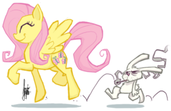 Size: 650x421 | Tagged: safe, artist:theartrix, angel bunny, fluttershy, pegasus, pony, g4, cigarette, female, happy, mare, simple background, stubble, transparent background, trotting, walking