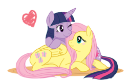 Size: 1442x900 | Tagged: dead source, safe, artist:cartoonlion, fluttershy, twilight sparkle, pegasus, pony, unicorn, g4, female, heart, lesbian, looking at each other, mare, prone, ship:twishy, shipping, simple background, smiling, transparent background, unicorn twilight