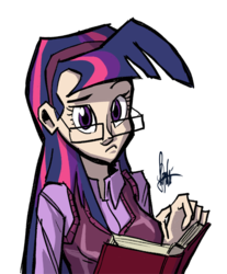 Size: 500x603 | Tagged: safe, artist:theartrix, twilight sparkle, human, g4, concept art, female, glasses, humanized, life in ponyville, ponyville documentary, simple background, solo, transparent background