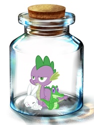 Size: 600x800 | Tagged: artist needed, safe, angel bunny, gummy, spike, dragon, g4, bottle, gummy doesn't give a fuck, male, pony in a bottle, unamused