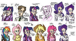 Size: 2772x1500 | Tagged: safe, artist:theartrix, applejack, fluttershy, pinkie pie, rainbow dash, rarity, twilight sparkle, ant, human, g4, business suit, clothes, concept art, ear piercing, earring, female, glasses, humanized, jewelry, kent helling, life in ponyville, male, mane six, piercing, ponyville documentary, sweatershy