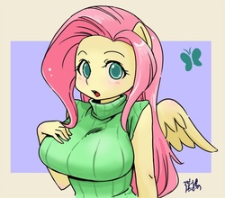 Size: 600x528 | Tagged: safe, artist:shepherd0821, fluttershy, anthro, ambiguous facial structure, big breasts, breasts, busty fluttershy, clothes, female, sleeveless turtleneck, sweater, sweatershy, turtleneck