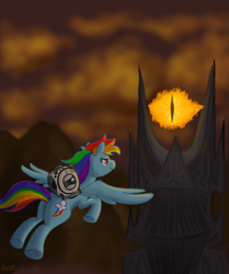 Size: 1600x1916 | Tagged: artist needed, safe, rainbow dash, pegasus, pony, g4, barad-dûr, crossover, eye of sauron, female, flying, lord of the rings, mare, personality core, portal (valve), wheatley